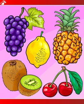 Cartoon Illustration of Fruits Vegetarian Food Object Set