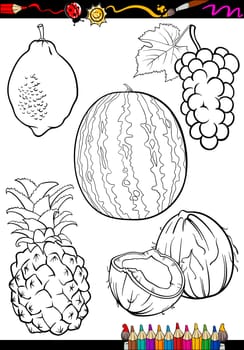 Coloring Book or Page Cartoon Illustration of Five Black and White Fruits Food Objects Set