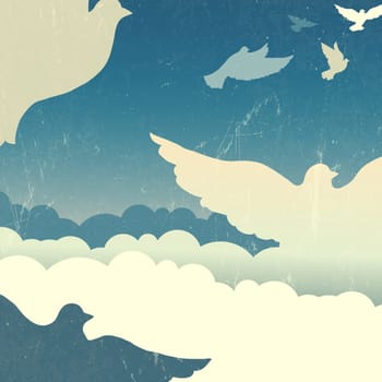 Doves in summer sky with clouds. Vector