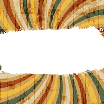 White grunge label on colorful rays background, vector.