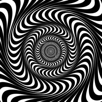 Black and white swirl lines. Optical illusion background, vector.