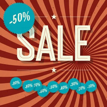 Sale retro poster. Template with textured sunburst background and different discount tags, vector.