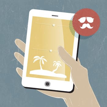 Summer travel conceptual illustration. Smart phone in hand. Vector