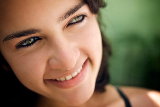 Pretty girl with green eyes, portrait of happy young hispanic woman looking at camera and smiling. Sequence
