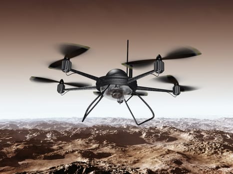 Illustration of a spy drone scanning a mountainous region