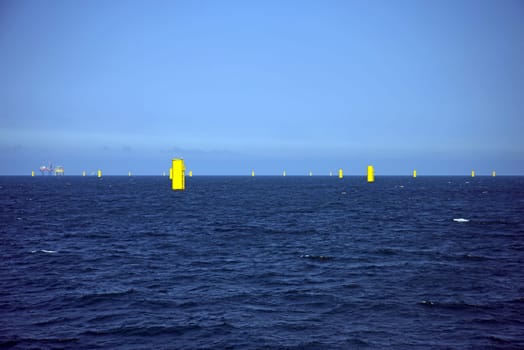 Construction of an offshore wind farm with completed foundation