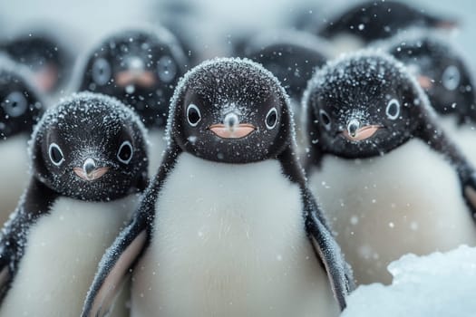 The annual migration of Adelie penguins. A crowd of penguins looks at the camera during a snowfall.