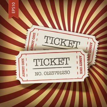 Cinema tickets on retro rays background, vector.