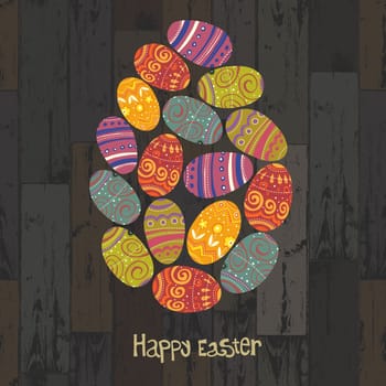Easter eggs. Composed in one egg shape on wooden planks background. Vector, EPS10