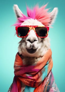 Cute stylish alpaca portrait of llama wearing glasses on blue background wearing glasses and scarf, fashion