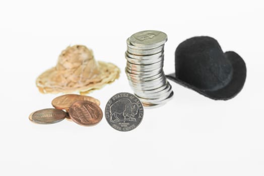 American bison nickel of The 2005 Westward Journey Nickel Series, cowboy hat, straw hat and coins