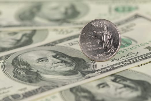 Hawaii US coin on one hundred dollar close up
