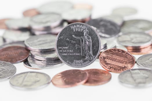 2008 Hawaii State Quarter with other coins extreme close up