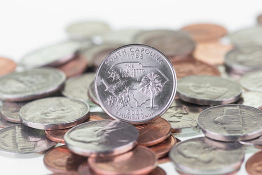 South Carolina US coin with coins extreme close up