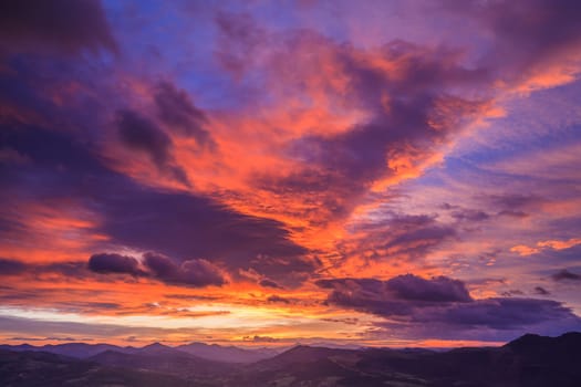 Landscape with cloudy sky on sunrise, Encartaciones, Bizkaia, Spain