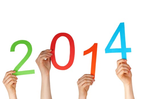 four hands holding the numbers 2014, isolated