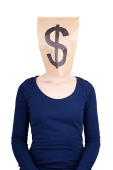 a person with paper bag head and dollar sign on it, isolated