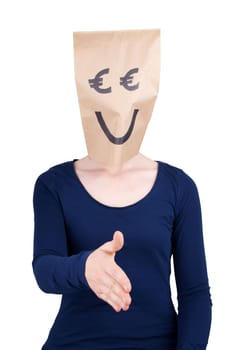 a person with a smiling euro head in handshake gesture, isolated