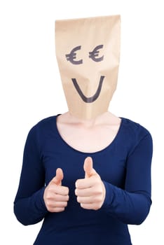 a happy smiling person with euro paper bag head showing thumbs up, isolated