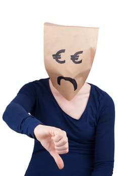 sad person with euro paper bag symbol as head showing thumb down, isolated