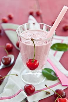Milkshake with cherry flavor and fresh cherries