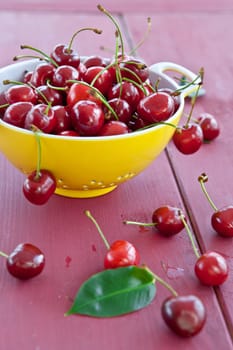 Fresh cherries in yellow sieve on dark red table