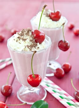 Two Glser with milkshake with fresh cherries