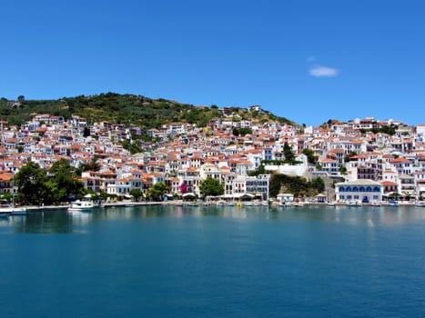 Skopelos, Greek island at Vories Sporades. View from the port