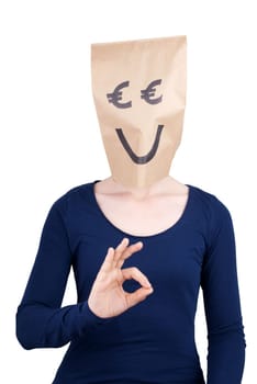 a perso with a smiling euro head showing a okey sign, isolated