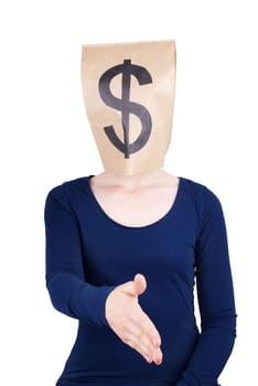 a person with a dollar sign on a paper bag head shaking hand, isolated