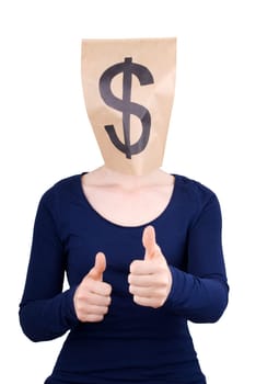 a person with paper bag head and dollar sign on it showing thumbs up, isolated