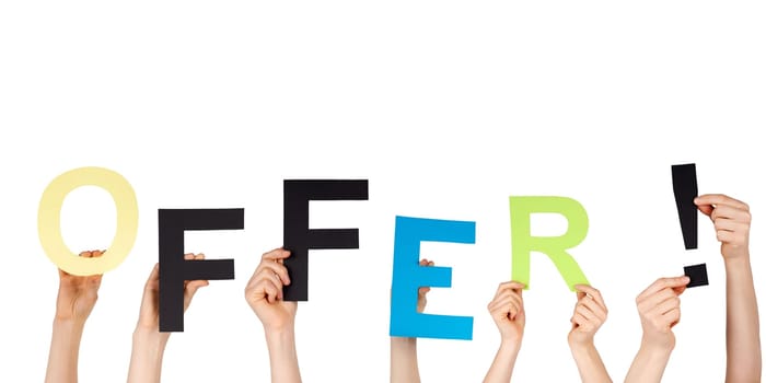 many hands holding the word offer, isolated