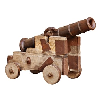 Medieval artillery gun on a wooden carriage isolated on white background