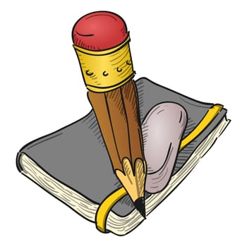 Drawing of illustration and writing tools isolated on white background