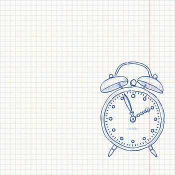 Classic clock as a blue sketch on bright yellow paper