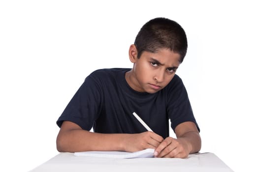 An handsome Indian kid doing his homework diligently, with ample copyspace