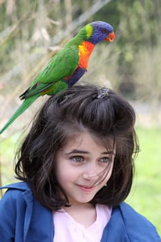 Details of a girl with a rainbow lorikeet on her head.