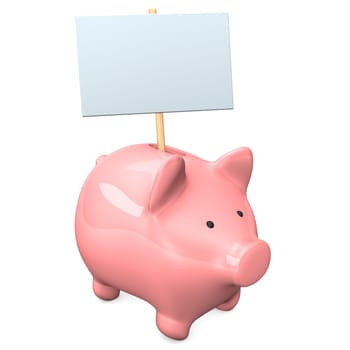 Pink piggy bank with signboard on the white background.