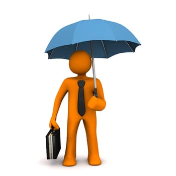 Orange businessman with black tie, case and blue umbrella.