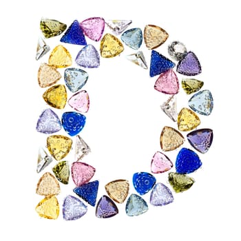 Gemstones alphabet, letter D. Isolated on white background.