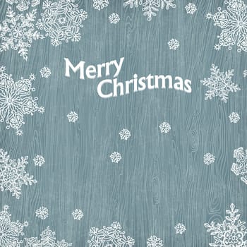 Christmas greetings with snowflakes on wooden texture. Vector illustration, EPS10.
