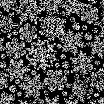 Seamless snowflakes pattern. White on black, vector, EPS8