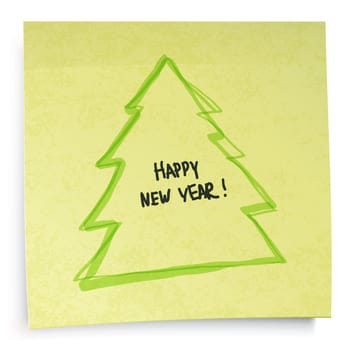 Yellow sticky notes with New Year tree. Vector illustration, EPS10.