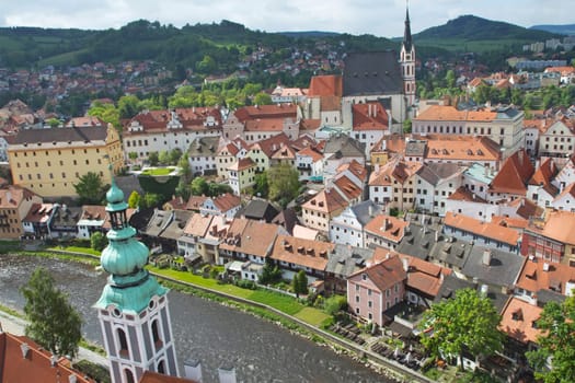 Aerial view of the old town of Cesky Krumlov. (Czech Republic, Central Europe)