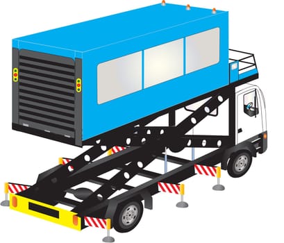 A Blue Airport Ambulift High Lift Truck isolated on White