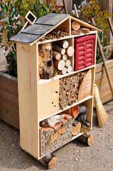 Wooden insect house, also called insect hotel or bug home