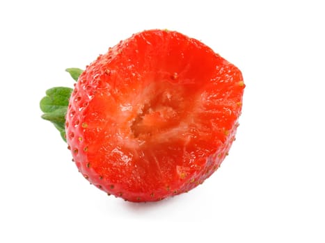 A bitten strawberry on white background