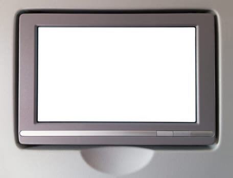 White LCD screen in an airplane seat, copy space for text or image
