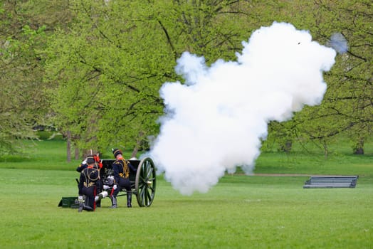 London, UK. May 8th, 2013. The King's Troop in Green Park are firing gun salutes for the State Opening of Parliament.