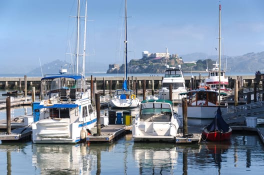 Yacht at Pier 39 in San Francisco and Alcatraz